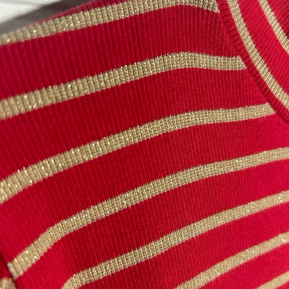 J. Crew Puff-sleeve sparkle stripe turtleneck red gold size XL - Picture 5 of 13